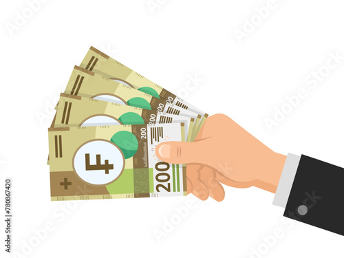 Hand holds money Swiss Franc 200 banknotes. Business concept. The official currency of Switzerland CHF. Isolated on white background. Flat style. Simple minimal design. Vector illustration.