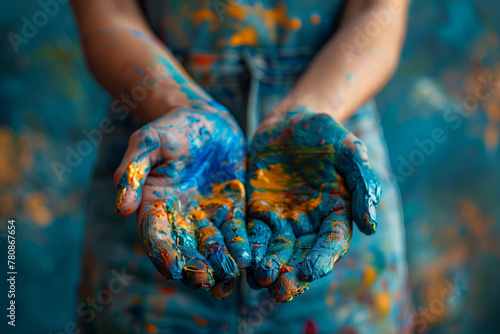 Close-up of paint-covered hands over a vibrant canvas, highlighting the tactile experience of art therapy, with vivid colors and textures. Artistic expression for mental wellness, AI Generated.