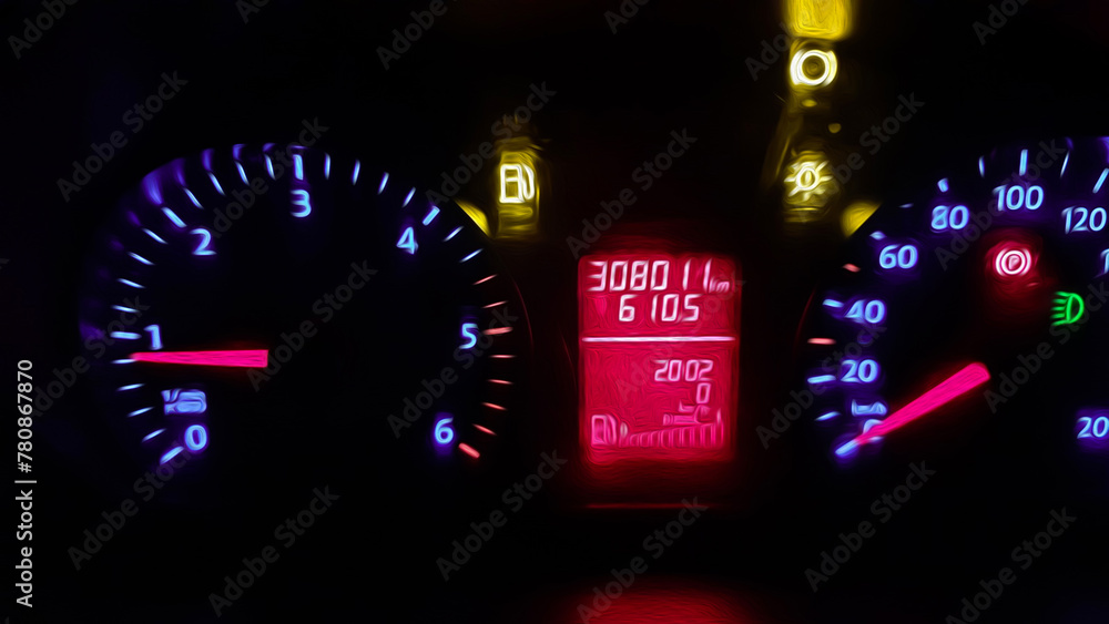Automobile speedometer, speed level scale in a car, night speedometer in a car.