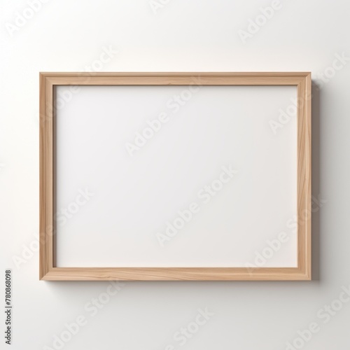 Empty wooden frame on a white wall with soft shadow  mockup for art and picture display