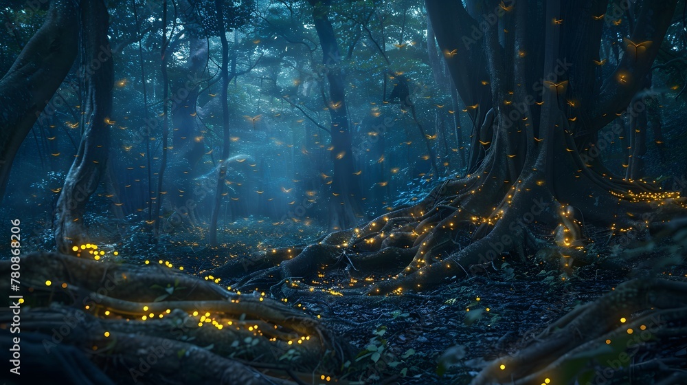 A dense forest at twilight, with fireflies illuminating the scene, casting a magical glow on the underbrush and the twisted roots of ancient trees - obrazy, fototapety, plakaty 