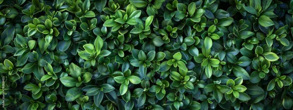 A lush green boxwood hedge with dense foliage, providing an elegant and refreshing background for various applications. Top view A lush green boxwood hedge with dense foliage, providing an elegant and refreshing background for various applications. Top view