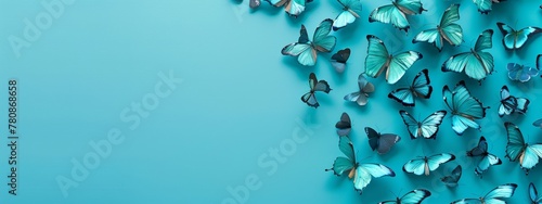 Cyan butterflies on blue background, flat lay banner with copy space for text. Blue butterflies on a light solid background banner photo