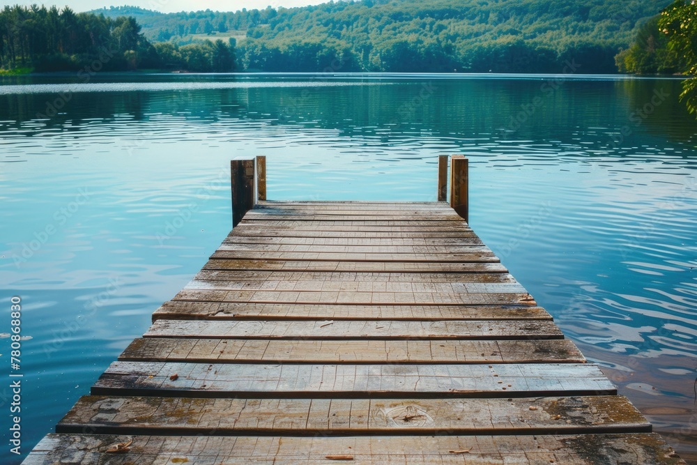 A serene dock on a peaceful lake with a majestic mountain in the background. Ideal for travel or nature-themed projects