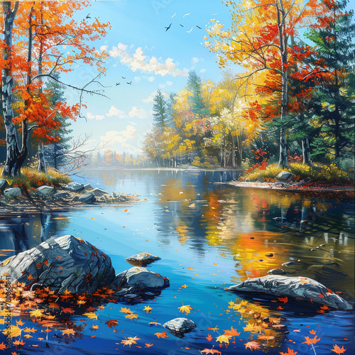 Serene Autumn Forest Lake with Vibrant Fall Colors