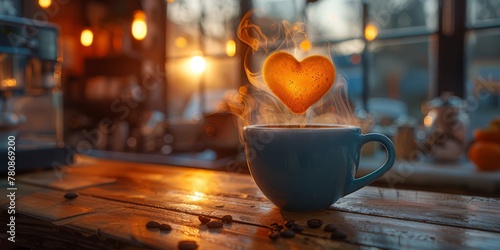 A blue cup of coffee with steam in the shape of a heart, a warm and homely atmosphere, generated with AI photo