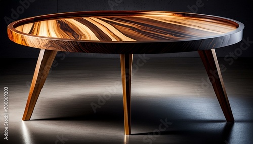 A wooden table with a round top and three legs, made from hardwood and varnished for durabil © Priyanka