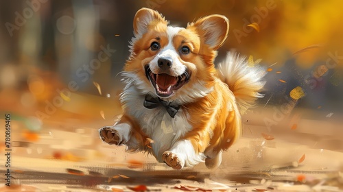 A corgi with a black bow on its neck is running around happily., generated with AI