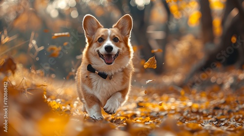 A corgi with a black bow on its neck is running around happily., generated with AI