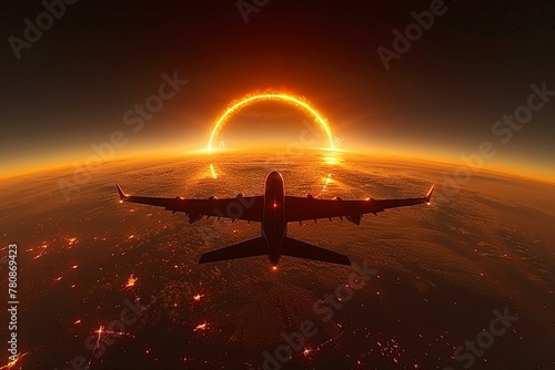 a plane flying above the earth with an eclipse in front of it, orange and black