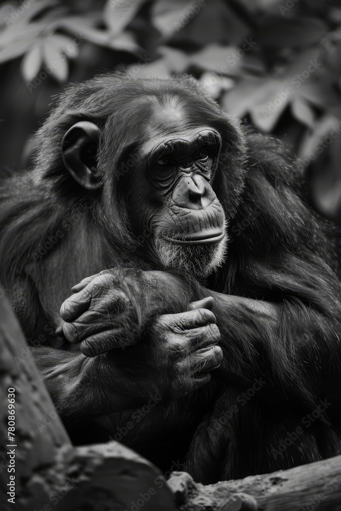 A highly detailed black and white photograph of a Chimpanzee, in the wild, side view portrait, generated with AI