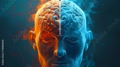A human head displaying both brain hemispheres, the left brain hemisphere is orange, and the right brain hemisphere is blue, dark and dreamy lighting, generated with AI