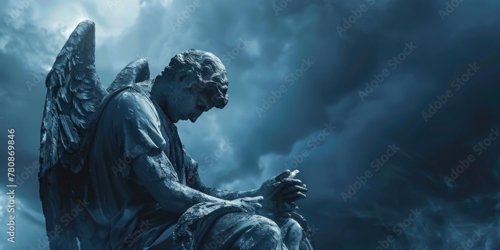 A statue of an angel holding a cell phone. Suitable for technology and communication concepts A statue of an angel holding a cell phone. Suitable for technology and communication concepts