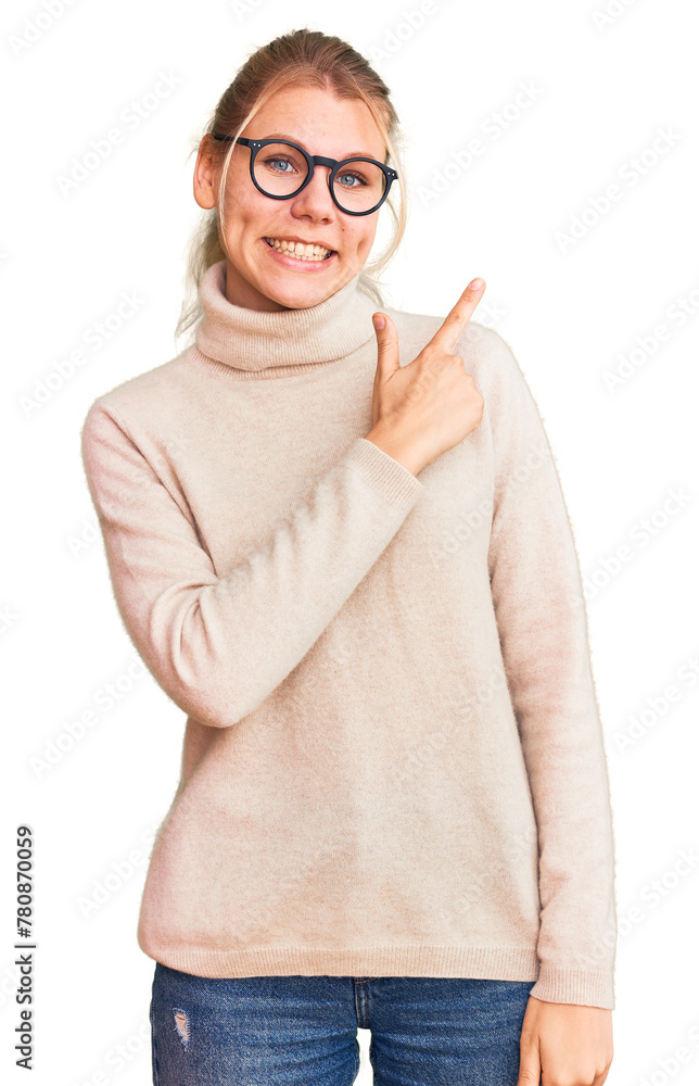 Young beautiful blonde woman wearing turtleneck sweater and glasses cheerful with a smile of face pointing with hand and finger up to the side with happy and natural expression on face