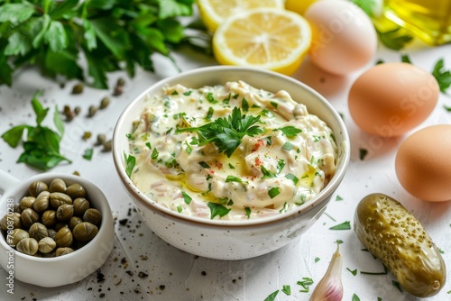 Homemade tartar sauce with eggs olive oil lemon capers parsley and pickles Creamy sauce with pickles in a bowl on a light background mayonnaise photo