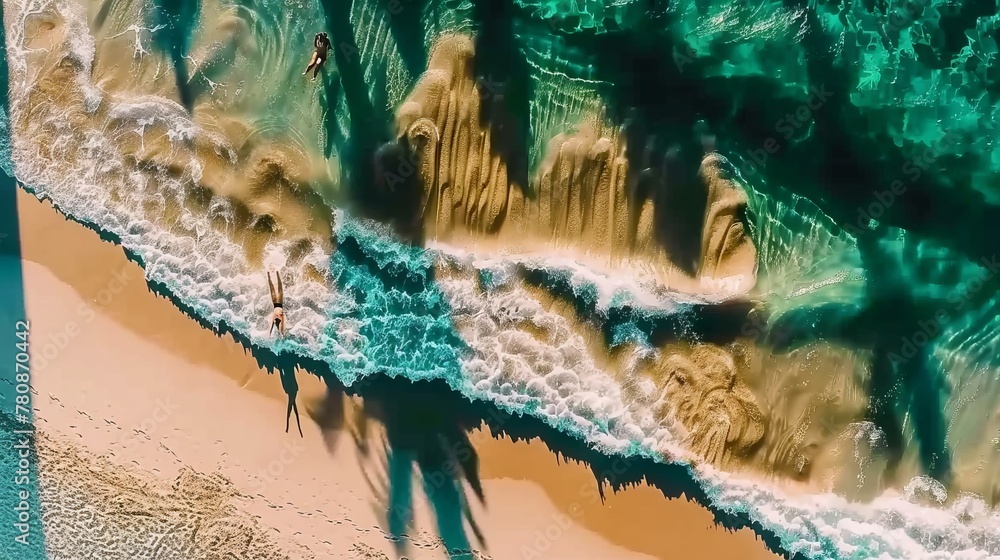 Aerial view of an emerald sea, waves gently lapping against the pristine white sands, generated with AI