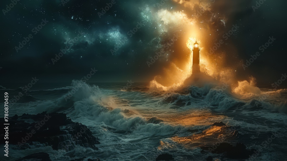 Alone on an unknown beach in the middle of the night. The stars shine brightly and the light of the lighthouse delicately brushes over the heavy dark waves of the restless ocean. 8k, generated with AI