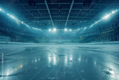 Ice hockey arena with empty stadium and icy floor
