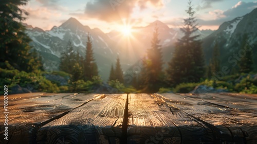 Base of a wooden table in a setting consisting of mountains and forest in the background. Sunlight reflecting, generated with AI #780870609