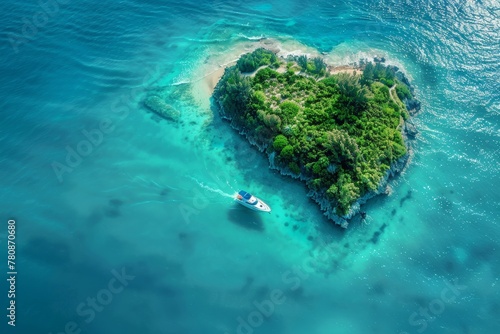 Island paradise heart shaped yacht approaching space for text