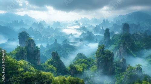Bizarre peaks and unique rock formations, Wenzhou's Yandang Mountains, a landscape of wonder, dynamic composition, high detail, 4K resolution,from above, generated with AI © sch_ai