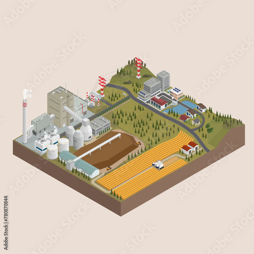 biomass energy, biomass power plant in isometric graphic