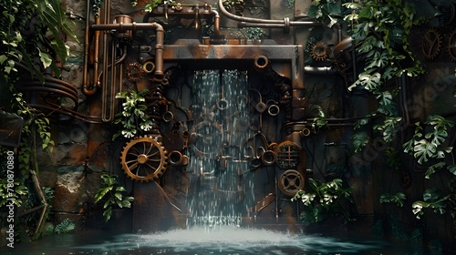 A hidden alcove within a mechanical garden  featuring a small  trickling waterfall over a wall of interlocking gears and pipes  surrounded by foliage crafted from various metals