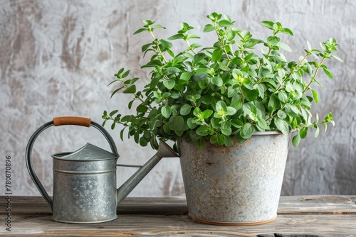 Isolated potted oregano plant with watering can