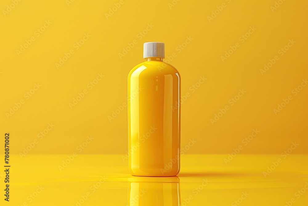 Cosmetic bottle template, oval bottle of yellow cosmetic products on bright yellow background, blank cosmetic container with lid, mockup design