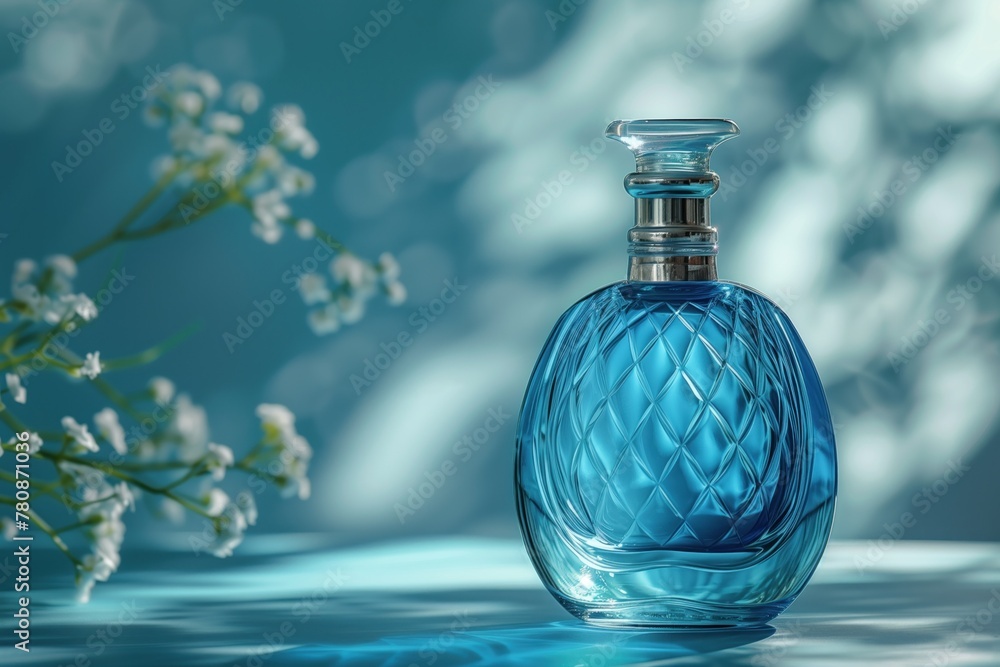 Cosmetic bottle template, blue luxury bottle of cosmetic products with glass cap on blue background with flowers, blank cosmetic container, mockup design Cosmetic bottle template, blue luxury bottle of cosmetic products with glass cap on blue background with flowers, blank cosmetic container, mockup design