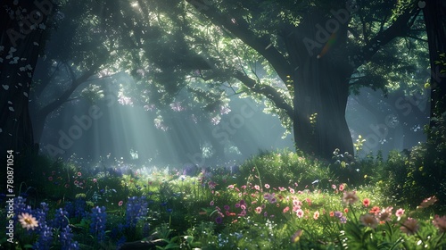A hidden glade within a dark forest, where rays of sunlight breakthrough, illuminating a patch of wildflowers surrounded by ancient, towering trees