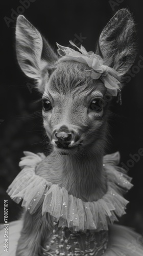 Black and white, high-contrast portrait of a deer in a ballet tutu, generated with AI