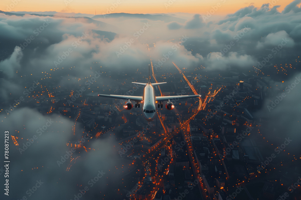 Naklejka premium Shiny passenger plane flies through the clouds over the lights of the night city. The concept of aviation, airplane travel and a sense of freedom