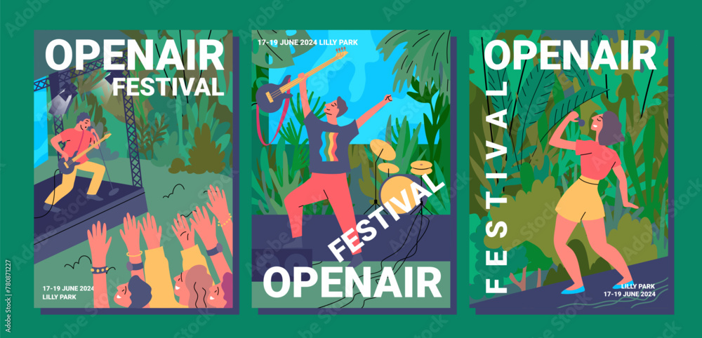 Cartoon Color Open Air Festival Poster Card Set Concept Flat Design Style. Vector illustration of Outdoor Summer Concert