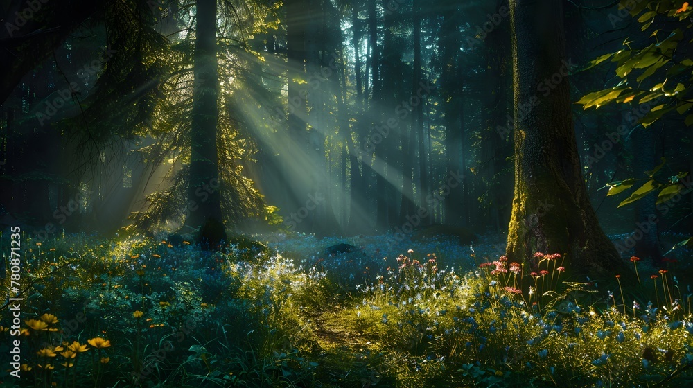 A hidden glade within a dark forest, where rays of sunlight breakthrough, illuminating a patch of wildflowers surrounded by ancient, towering trees