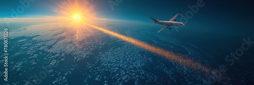 Airplane flies over a blue globe. The rising sun shines with a ray. Banner with place for text. Air travel, airline concept