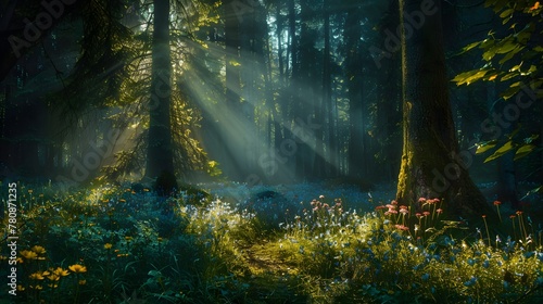 A hidden glade within a dark forest  where rays of sunlight breakthrough  illuminating a patch of wildflowers surrounded by ancient  towering trees