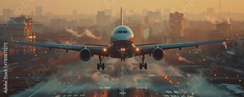 Plane is taking off. City houses are visible behind in the early morning fog. Front view. Banner. Concept of aviation, plane travel, airlines photo