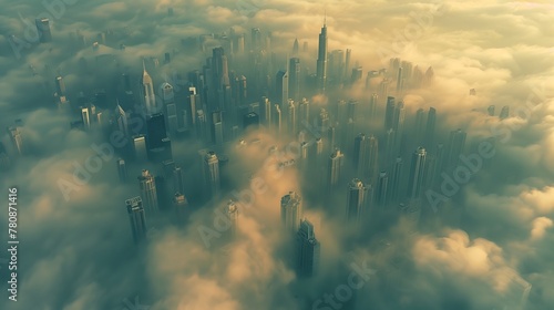 Mega Tall skyscrapers covered in early morning fog. Rare aerial perspective.