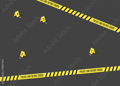 Police Crime Scene Concept with Black and Yellow Striped Line Tape. Vector illustration of Evidence Markers
