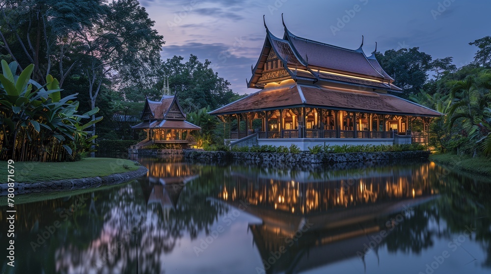 Twilight Tranquility at a Thai Temple Oasis: As twilight descends, the ambient lighting casts a mystical glow on a secluded Thai temple