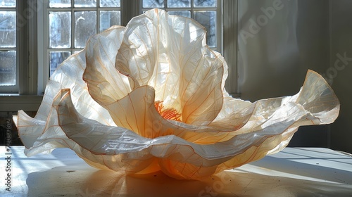   A big paper flower sits atop a table, near two window panes Sunny day photo