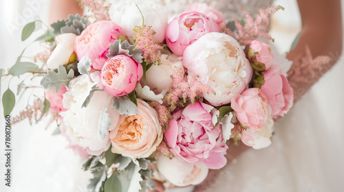 A beautiful wedding bouquet of peonies in the hands of the bride