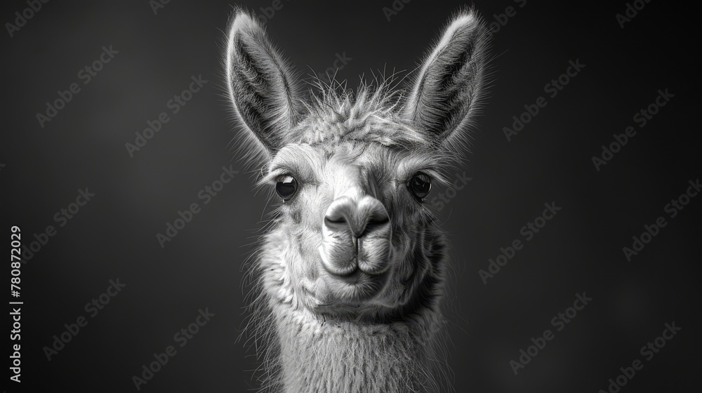 Black and white, high-contrast portrait of a llama, generated with AI