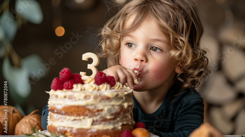 Little three year old cute curly boy eating cake