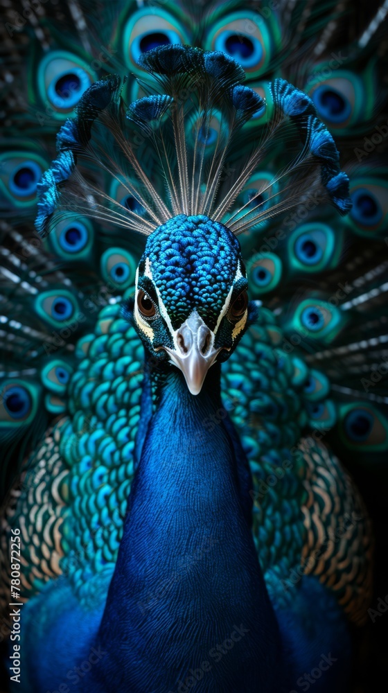 Fototapeta premium Black and white, high-contrast portrait of a peacock as a fashion designer, with the iridescent blue of its tail feathers spreading out like a fan of sketches, capturing creativity, generated with AI