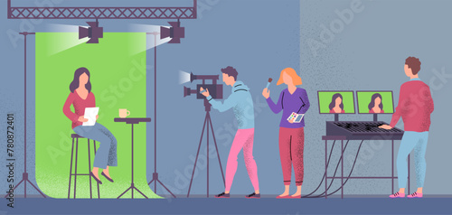 Cartoon Color Characters People and Broadcast Scene Concept Flat Design Style. Vector illustration of Reporter, Cameraman and Assistant in Studio