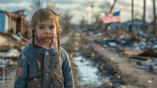 A sad child stands in front of buildings and holding a usa flag front view that have collapsed due to war, Ai generated
