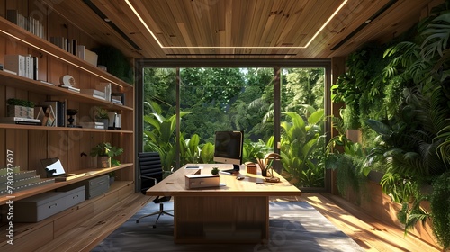 A high-definition, eco-friendly home office with vertical garden windows that both provide insulation and fresh air, surrounded by natural wood desks and shelves