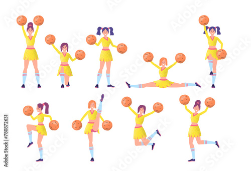 Cartoon Color Characters Girl Cheerleaders Concept Flat Design Style. Vector illustration of Girls Dancing with Pompoms in Hands